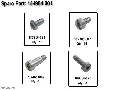 HPE Part 154954-001 HPE Screws kit - Includes taptite, T-15, oval-head, 6-32x.312-inch, TF, HI/TP, and shoulder, 6-32x.335-inch, Torx-15