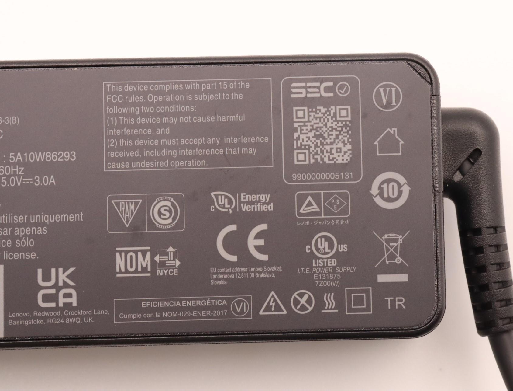 5A10W86293 - Original Lenovo 45W Charger, AC Adapter, USB-C Connector (Includes 0.5m Power Cord)