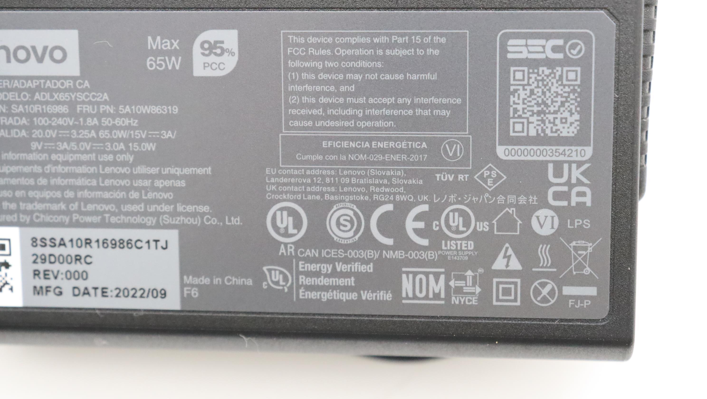 5A10W86319 - Original Lenovo AC ADAPTER PD,65W,20/15/9/5V,2P,WW,CHY (Includes 0.5m Power Cord)
