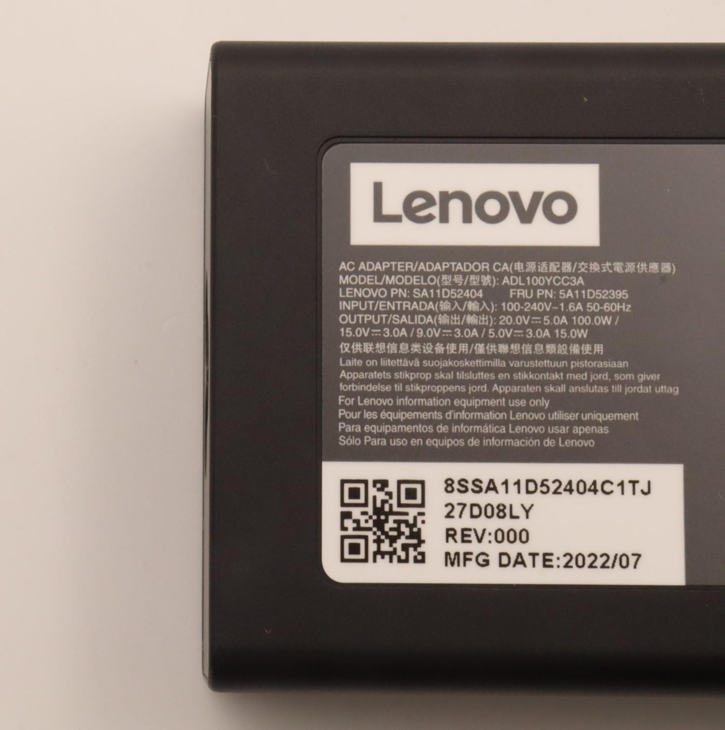 5A11D52395 - Original Lenovo AC ADAPTER, CHARGER PD,100W,20/15/9/5V,3P,WW,CHY (Includes 0.5m Power Cord)