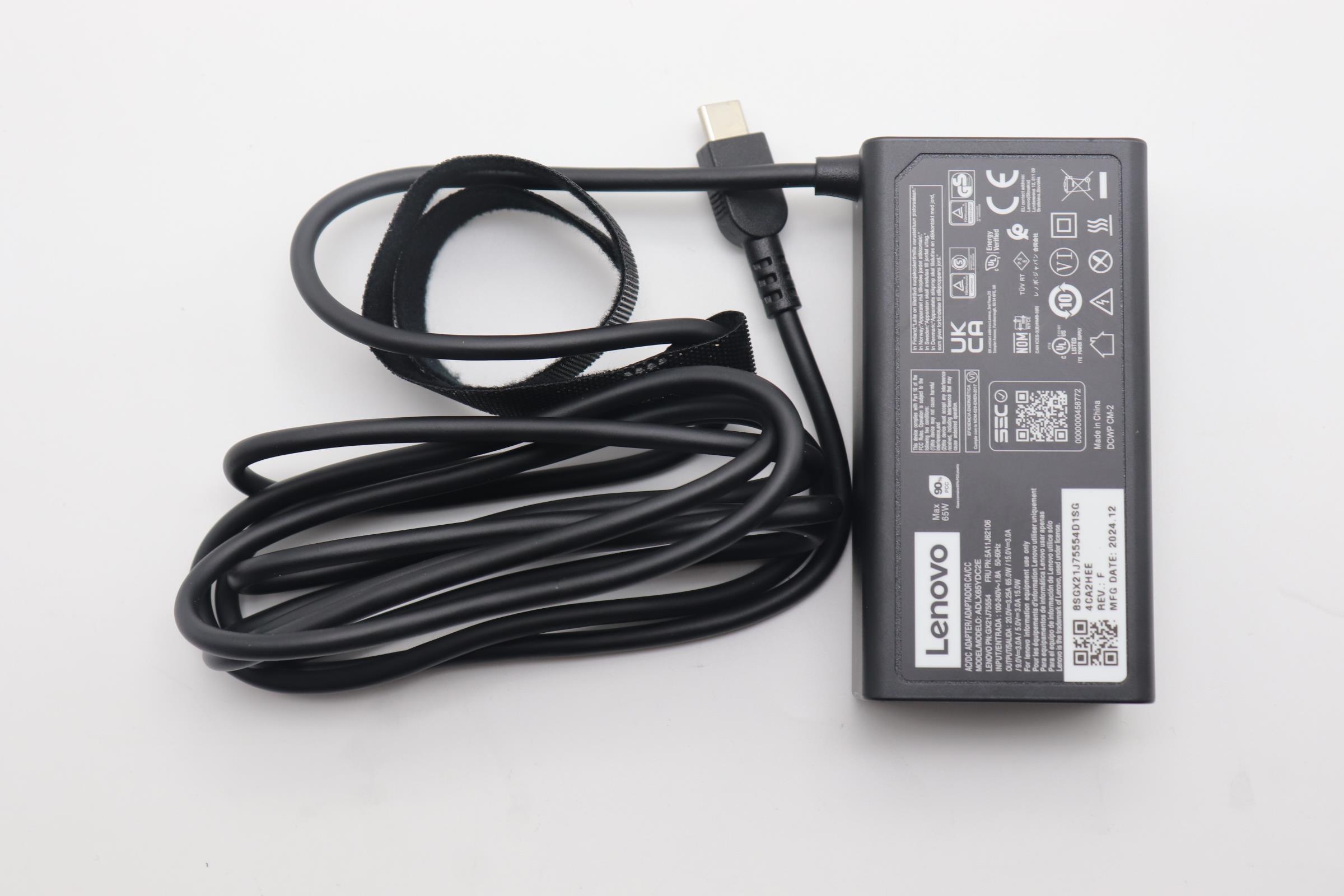 5A11J62106 - Original Lenovo AC Adapter USB-C, 65W, PD,20/15/9/5V,2P,WW,DEL (Includes 0.5m Power Cord)