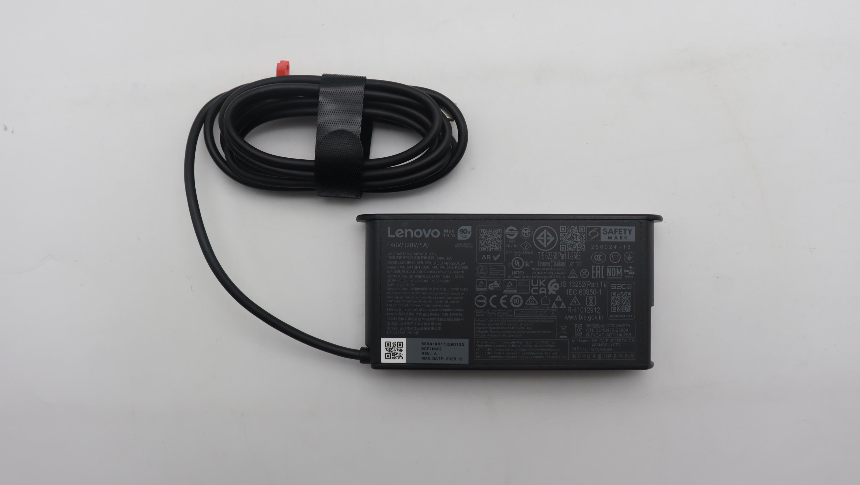 5A11K67869 - Original Lenovo 140W Charger, AC Adapter, USB-C Connector, PD, 28/20~5V,3P,WW,DEL (Includes 0.5m Power Cord)