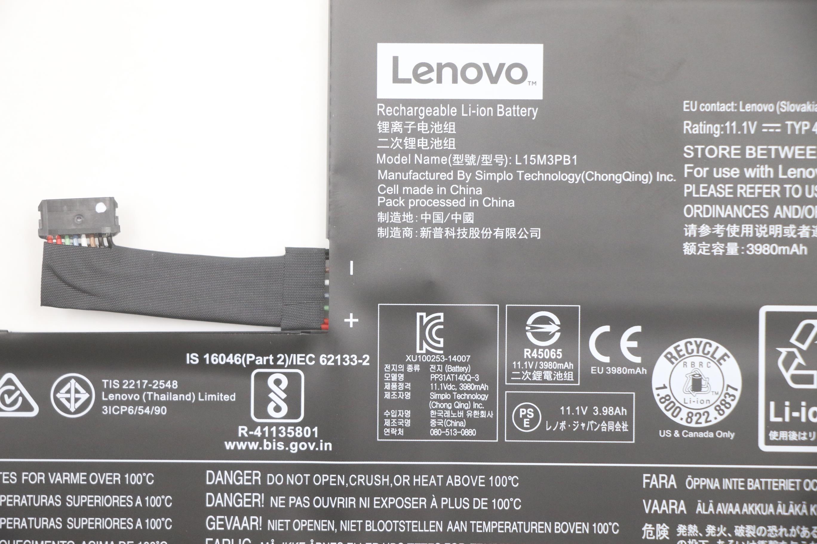 Lenovo Part  Original Lenovo 3 Cell Battery, 45Wh, 11.1V, Li-ion, L15M3PB1 SB10W67248