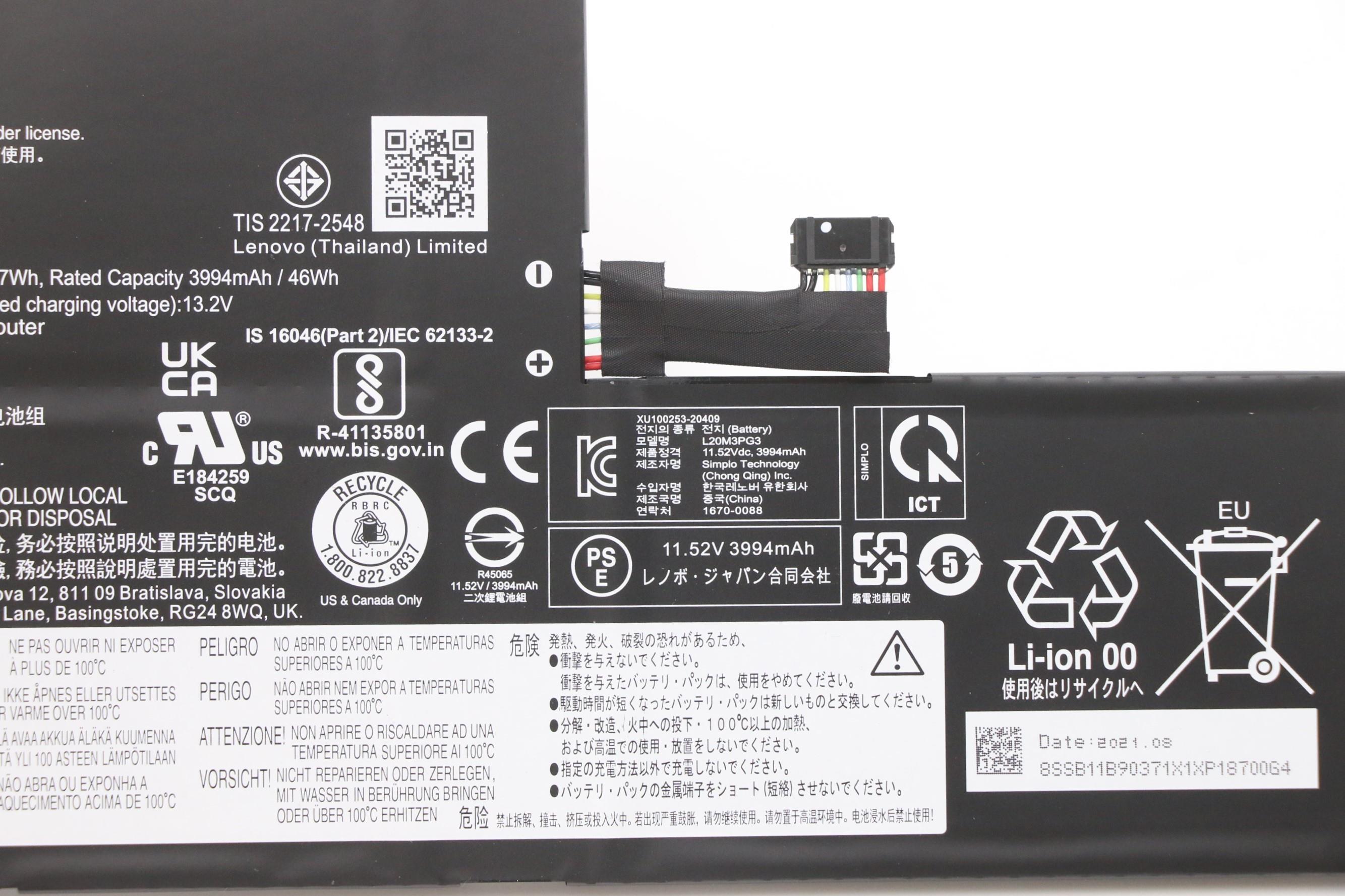 Lenovo Part  Original Lenovo 3-Cell Battery 47Wh, 11.52V, L20M3PG3, SB11B36304, 300e Chrome Gen3