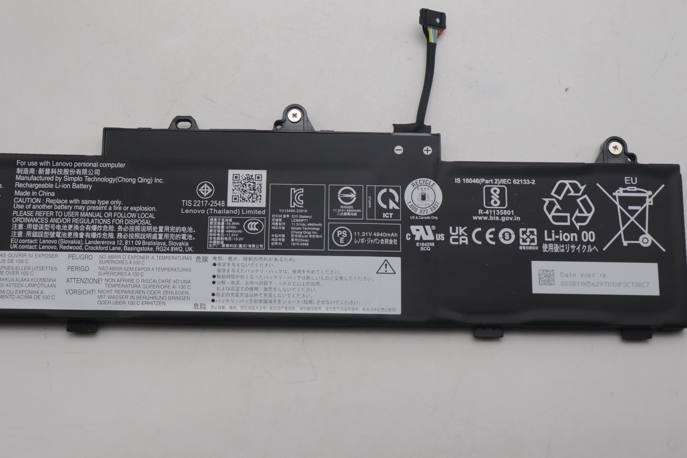 Lenovo Part  Original Lenovo Battery Internal, 3cell 57Wh, 11.31V, L23M3P71, LiIon, SMP