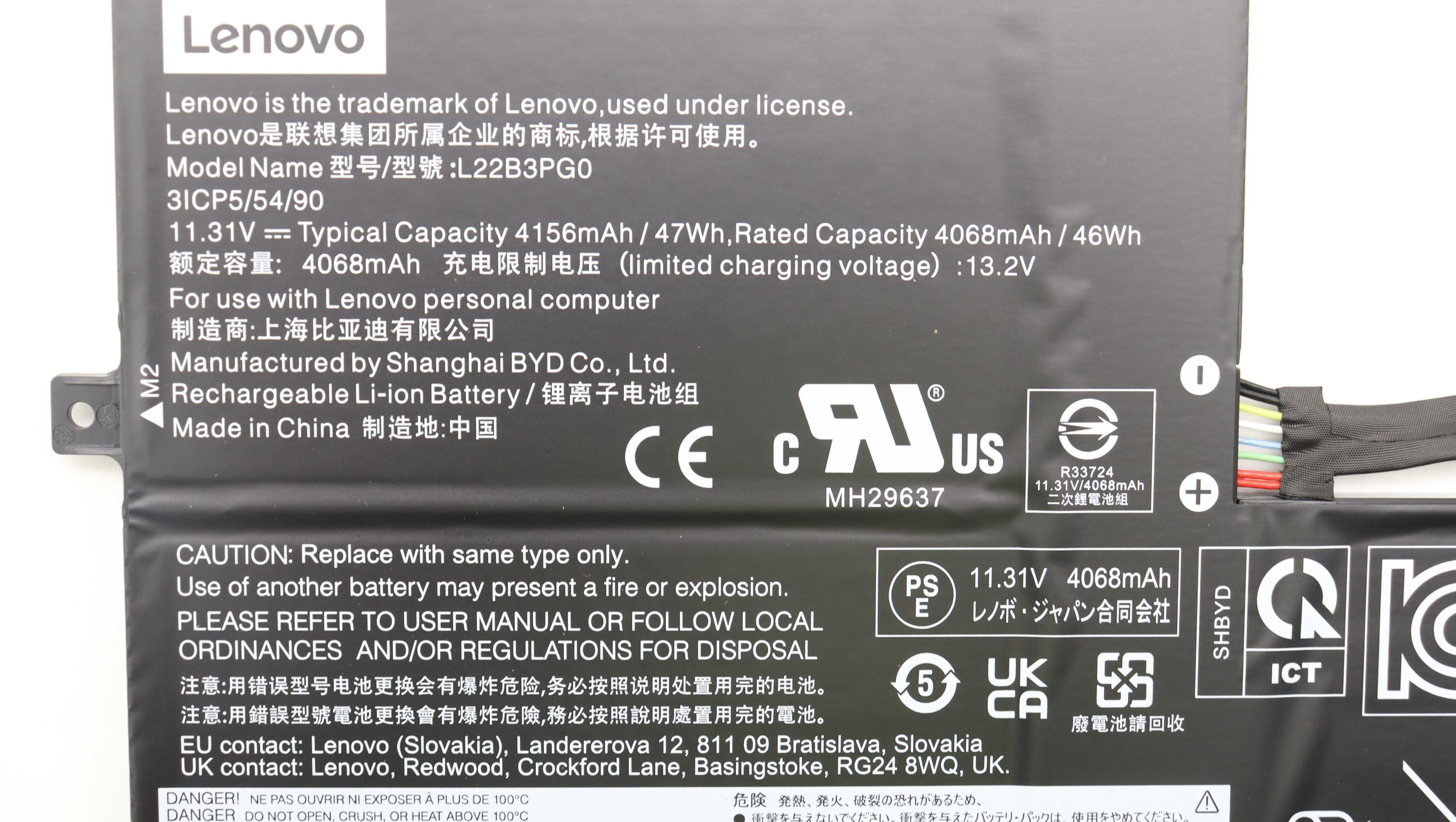 Lenovo Part  Original Lenovo BATTERY 3cell 47Wh 11.31V L22B3PG0 BYD