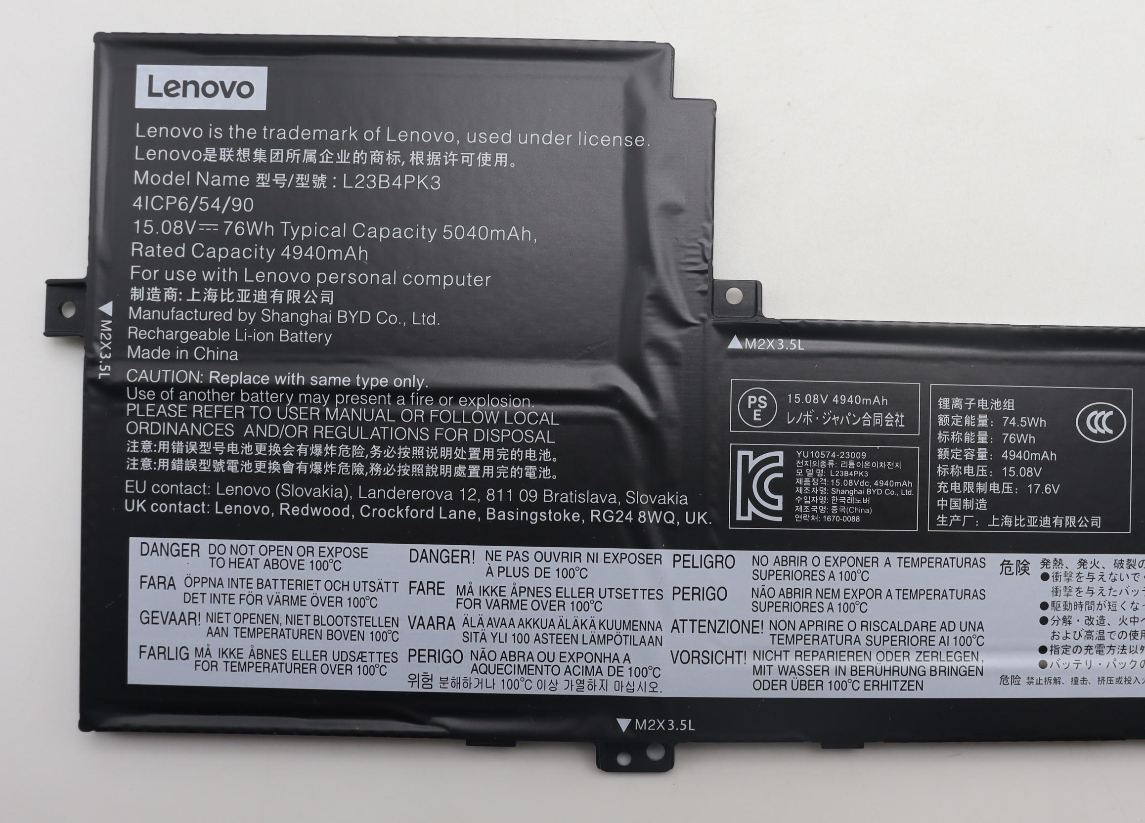 Lenovo Part  Original Lenovo Battery 4Cell 76Wh 15.08V L23B4PK3 BYD/B 30