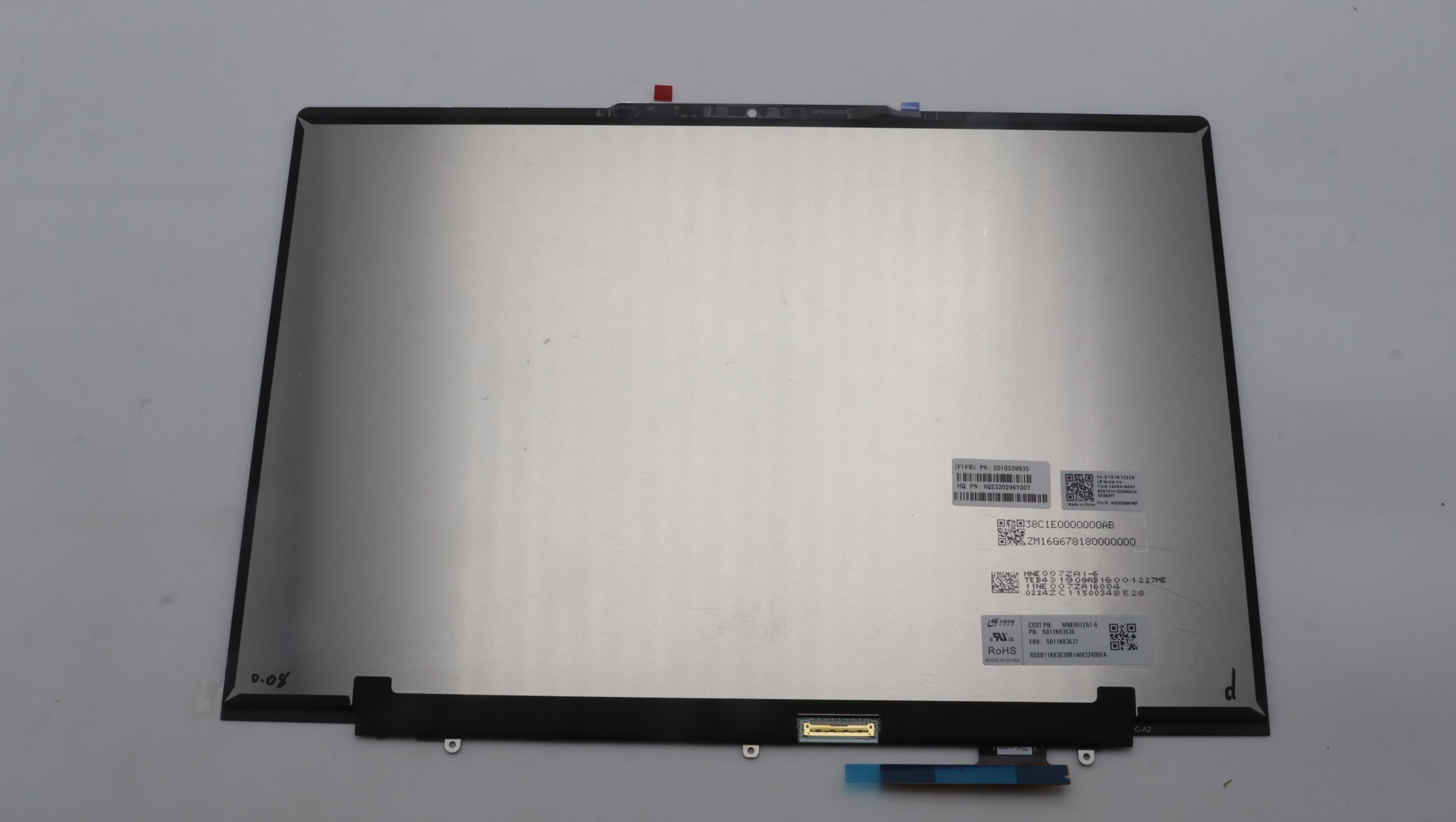 5D10S39935 - Original Lenovo LCD Assembly, 14", WQXGA+, Touch, Anti-glare, IPS, 400nit, 100%sRGB, 82WV_400N_T_SLC+CSOT