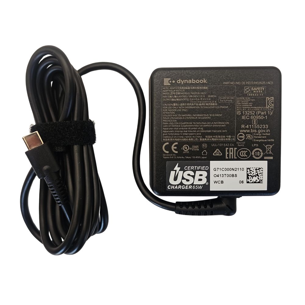 P000845920 - Original Dynabook 65W Charger, AC Adapter, USB-C, 3Pin, 3.25A, 20V, G71C000N2110, A065RP59P (Includes 0.5m Power Cord)